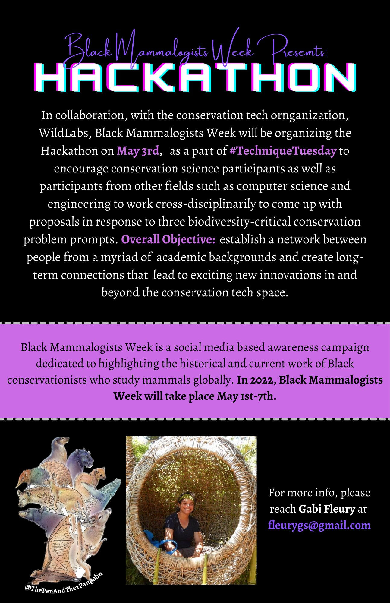 Objective of the hackathon is to establish a network of people from a myriad of backgrounds that will nurture long-term connections and lead to exciting new ideas. Contact Gabi Fleury if interested.
